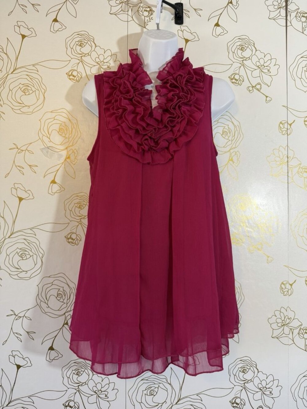 Marc Bouwer Tank Top  Blouse Size Small Magenta Ruffles Sleeveless Sheer